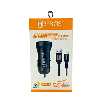 Carregador Veicular Hrebos 3.1A – Duas Entradas USB + Cabo Tipo C | Carregamento Rápido e Seguro HS-182C